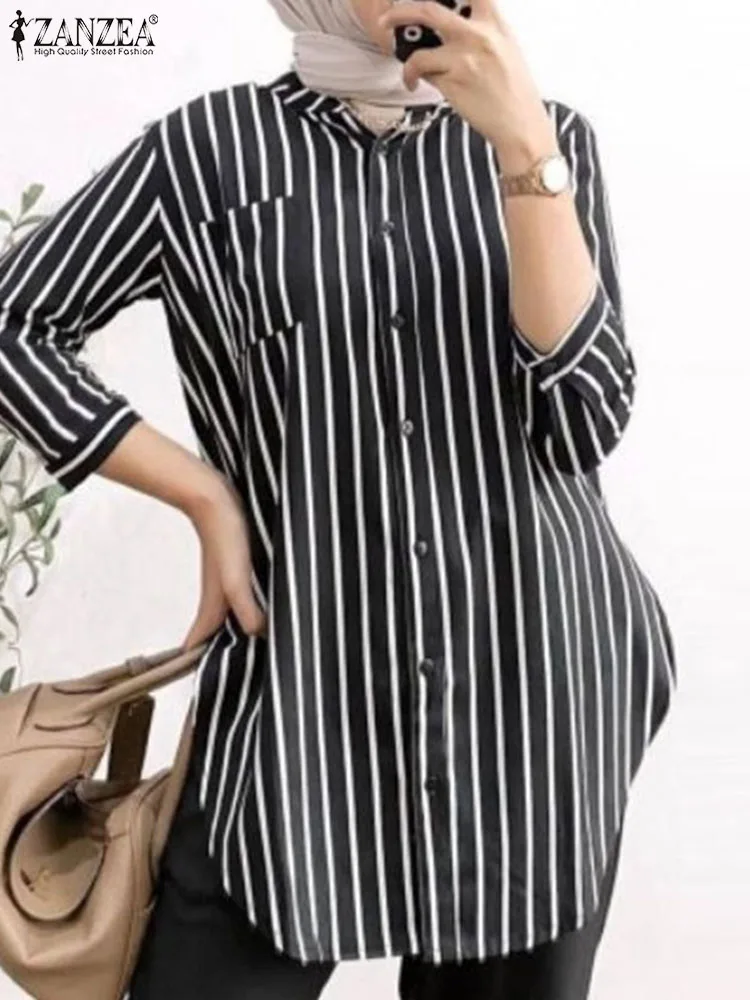 

ZANZEA Women Striped Blouse Muslim Fashion Tops Summer Elegnat Long Sleeve Shirt Turkey Abaya IsIamic Clothing Ramadan Blusas