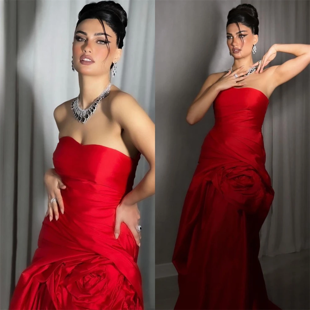 

Prom Dresses Exquisite Strapless Sheath Cocktail Flowers Fold Satin Occasion Evening Gown vestido de festa mulher luxo