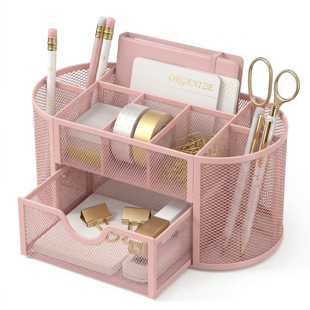 9-Compartment Metal Mesh Desk Organizer–Space-Saving Multi-Functional Stationery Holder,Double-Layer Reinforced Edge