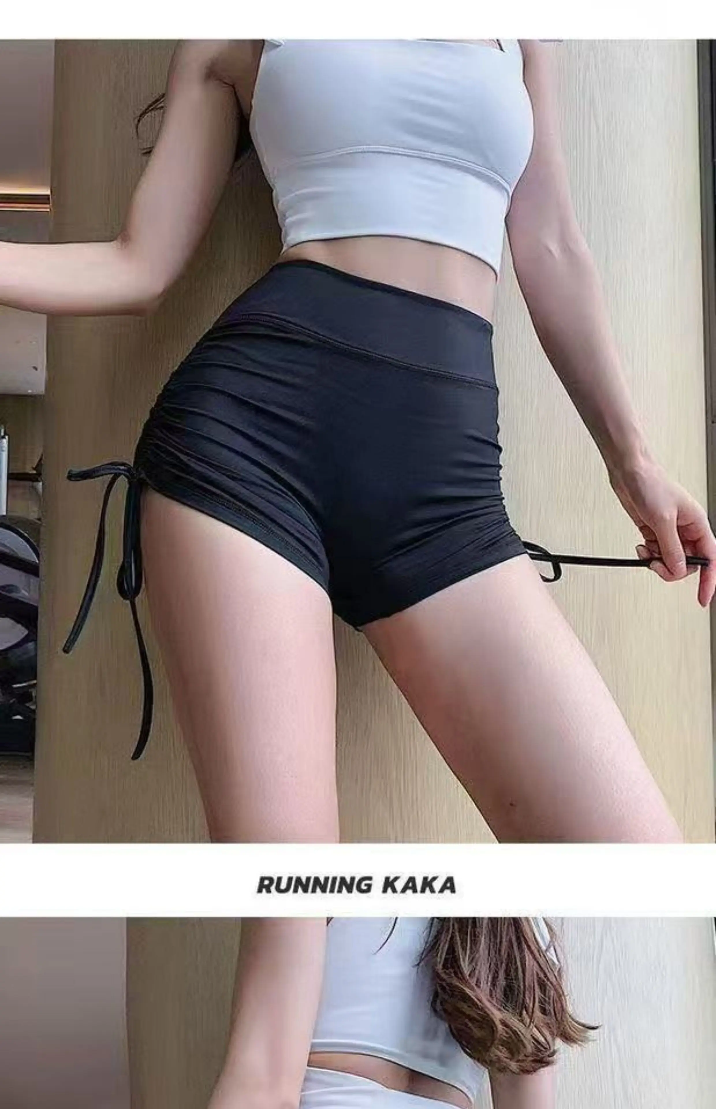 Sexy Sportshorts mit Kordelzug für Damen, High-Waist-Hip-Lifting-Hose, Yoga-Laufhose, schnelltrocknende, enge Yoga-Dreipunkt-Fitnesshose – Detail 14