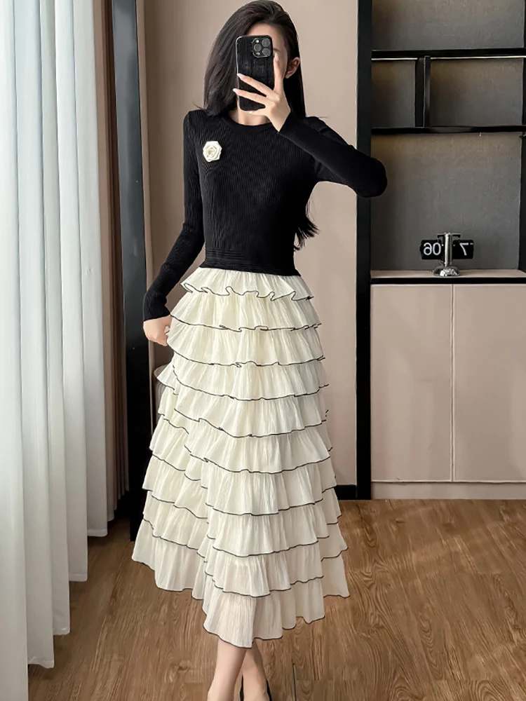 Feminino coreano vintage luxo vestido longo outono inverno preto malha retalhos branco em camadas vestido 2025 elegante bodycon vestido de baile