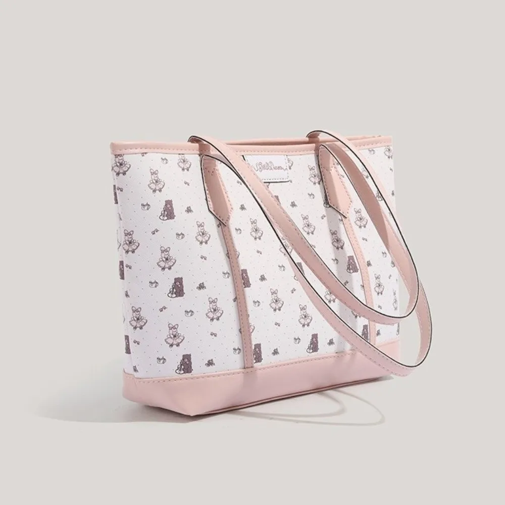 

PU Aesthetic Print Handbag Bear Rabbit Print Large Capacity Versatile Shoulder Bags Cartoon Commuting Bag Party Vacation