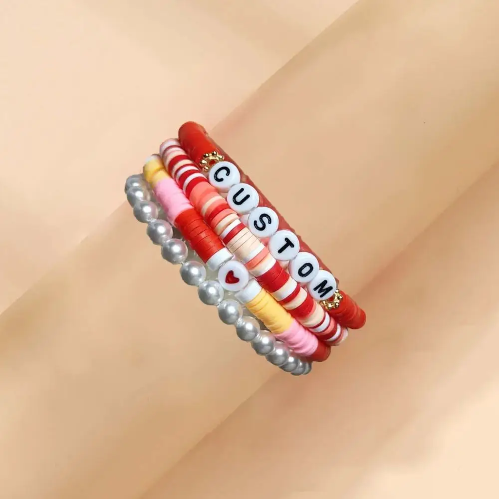 

Customed Handmade Passionate Kiss Red Bohemian Cute Soft Pottery Name Bracelet Jewelry For Women Girl Friends Gift