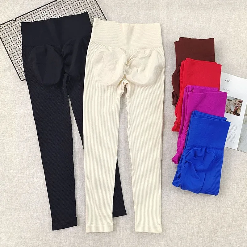 Women Ribbed Scrunch Leggings High Waist Tummy Control Peach Hip Yoga Pants Seamless Stretch Fitness Workout Sports Tights
