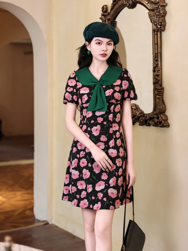 

Millennial Girl Retro Color Block High Waist Slim Fit Dress Short Sleeve City Commute Polyester Fiber A-Line Summer New Arrival