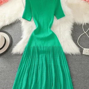 Women's Unique Breast Breast Mesh Dress, Black, Beige, Green, Elegant Lady of the Office, Short Sleeve, Plisada, Chic, Summer, New, 2022 10 Main Sales Long Green Dress - №7