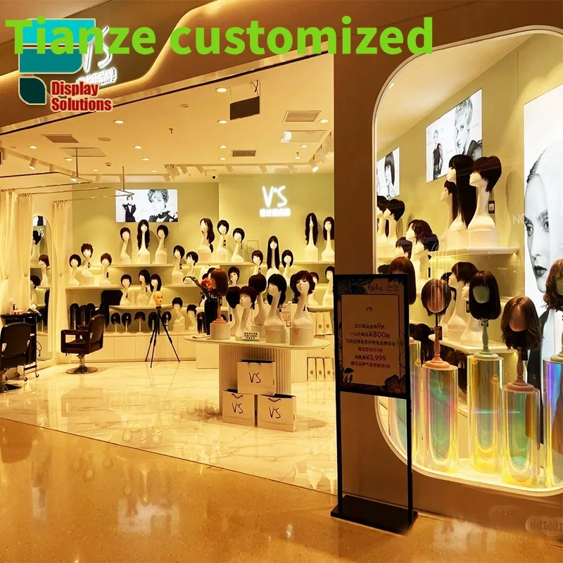 Customized-Wig Store Interior Decoration Mannequin Wig Display Shelves Stand Lighting Shop Wigs Wall Display