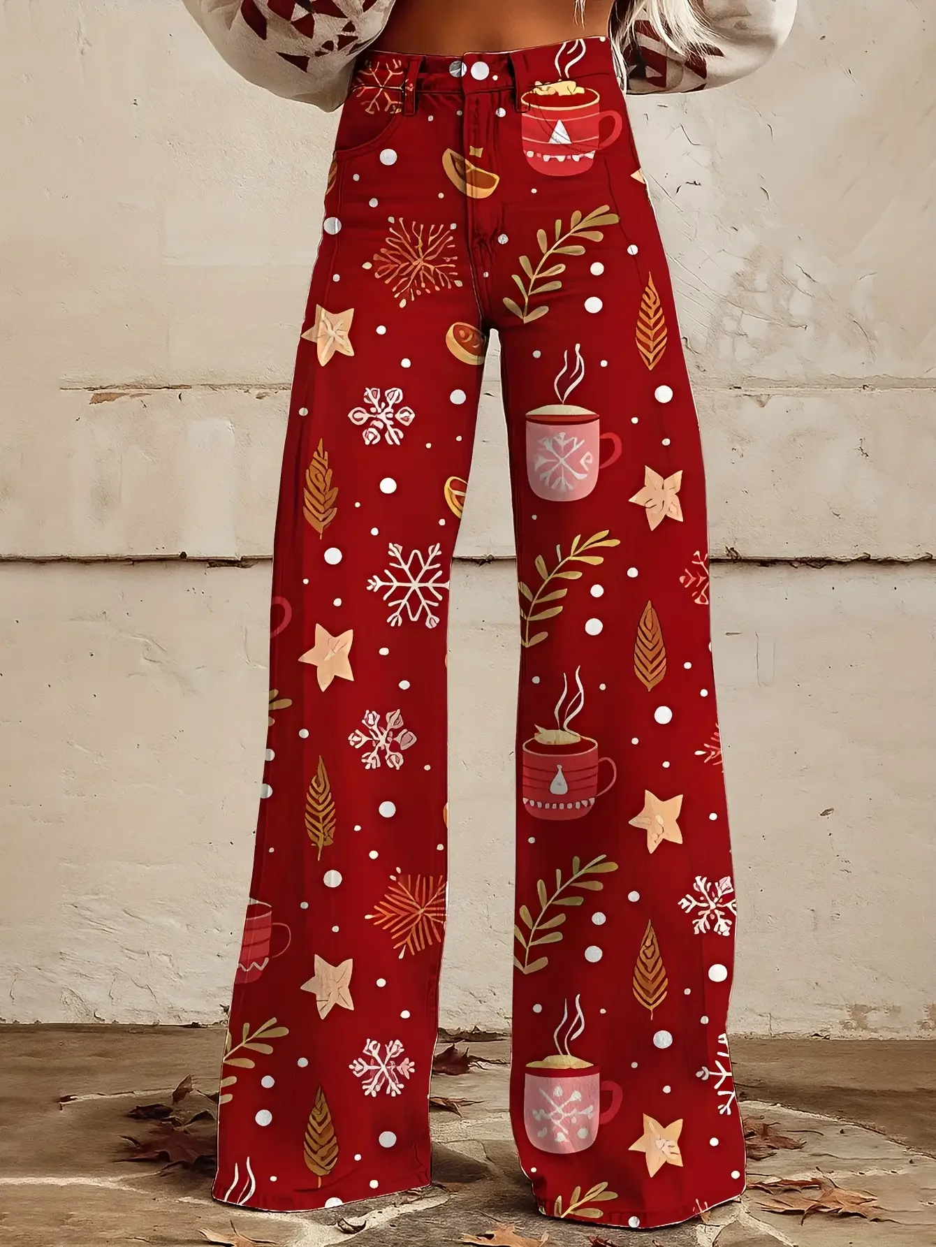 Ladies' imitation denim pants with snowflake pattern autumn and Star and cane candy pattern autumn and winter 3D denim texture