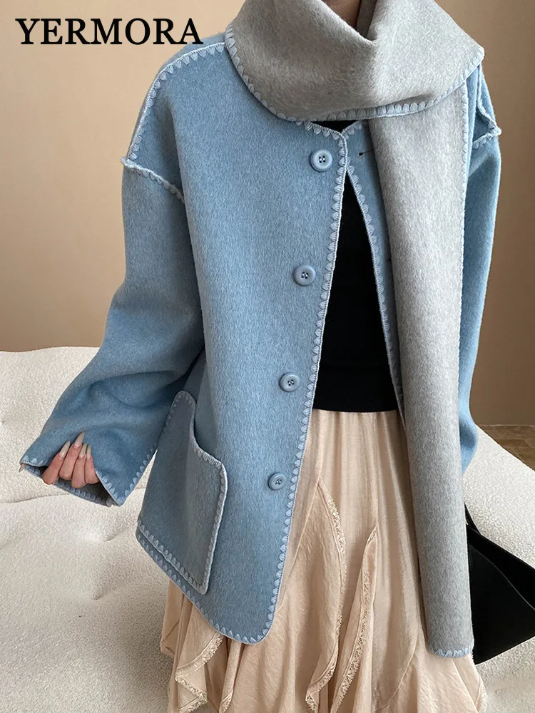 

YERMORA Winter New Blue Reversible Patchwork Scarf Woolen Coat For Women Long Sleeve Loose Overcoat Fashion Tide Autumn 2025