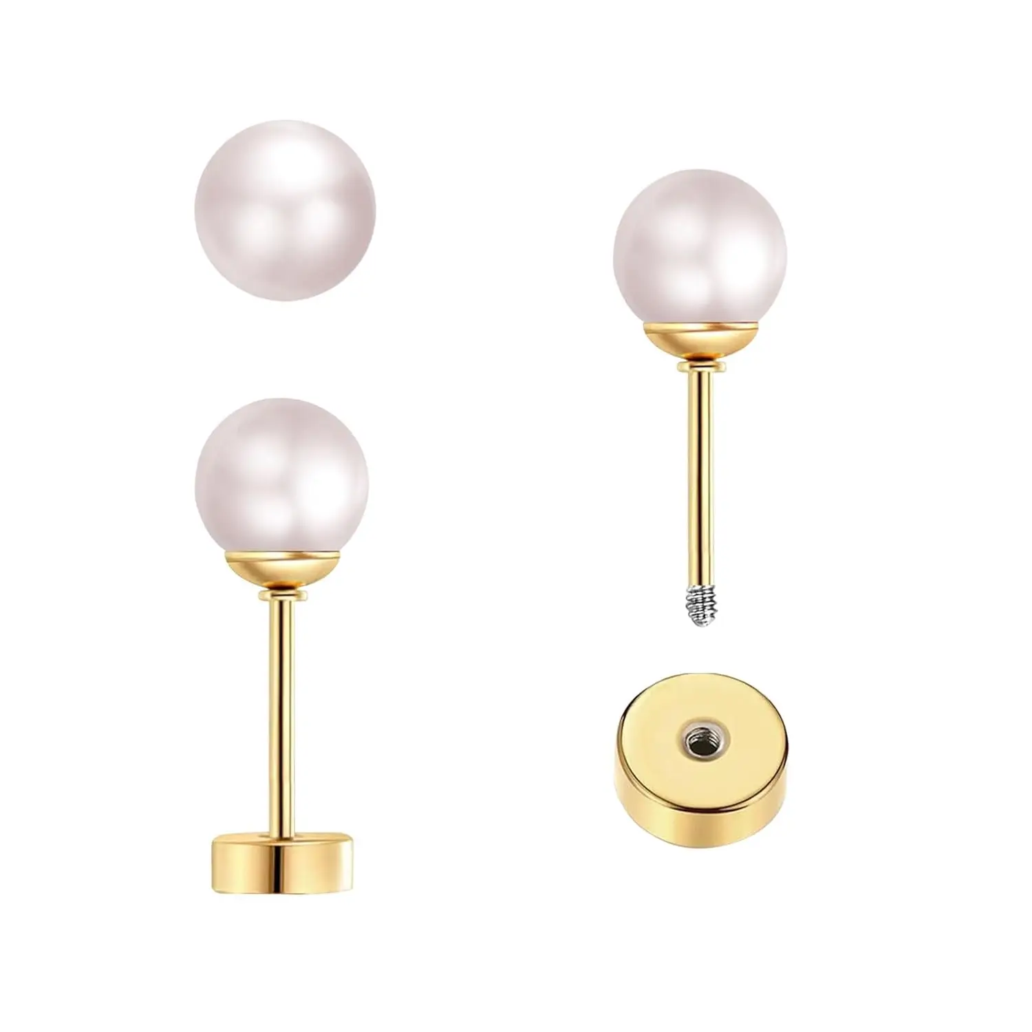 3 Pairs Tiny Pearl Stud Earrings Flat Screw Back Stud for Women Girls, Surgical Steel Piercing Earrings  Jewelry Gift
