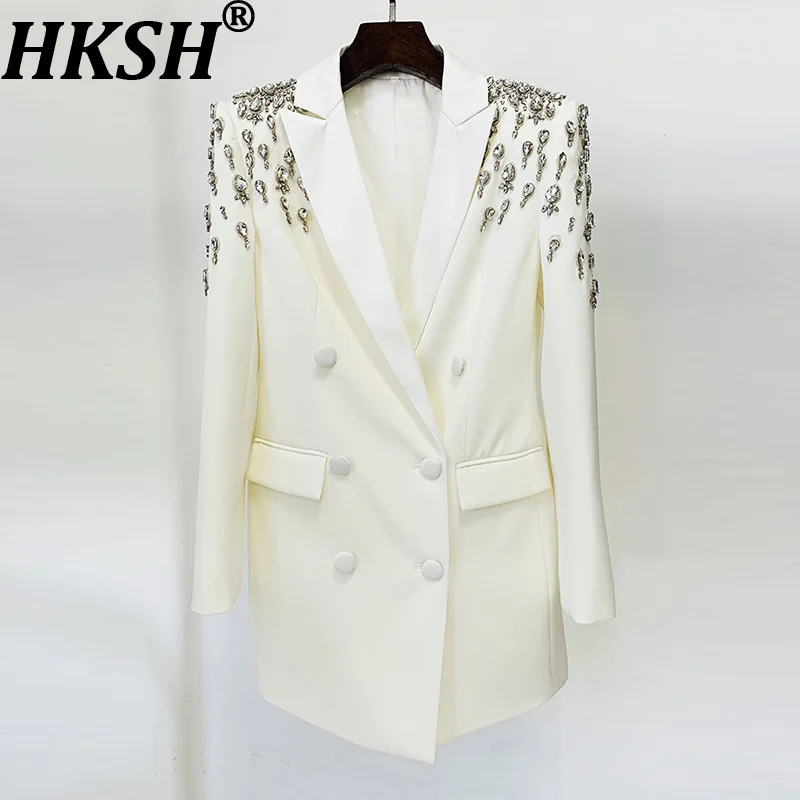 

HKSH Spring Autumn New Women Blazer Dress Heavy Craft Studded Diamonds Double Breasted Luxury Slim Fit Elegant Tide Coat HK17178
