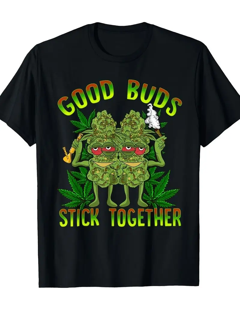 Men'S Leaf Joint Graphic T-Shirt Soft Breathable Relaxed Fit Crew Neck Short Sleeve Good Buds Stick Together Slogan Culture Design All-Season Casual Wear Machine Washable Perfect Gift Retro Casual Short-Sleeved T-Shirt with Round Neck and Printed Pa