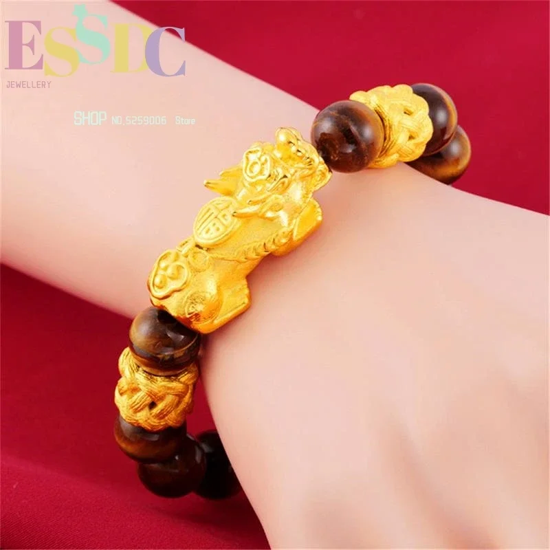

New Design Natural 12mm Yellow Tiger Eye Stone Beaded Imitation Gold Pixiu Charm Bracelets for Men Jewelry Wholesale