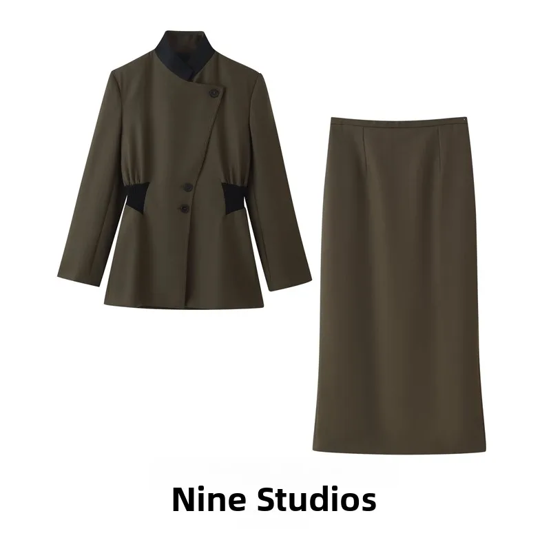 NINE ZAR Women's Fashion Set Long Sleeve Stand Collar Jacket And Skirt Waist Cinched Patchwork Suit Four Seasons Wear