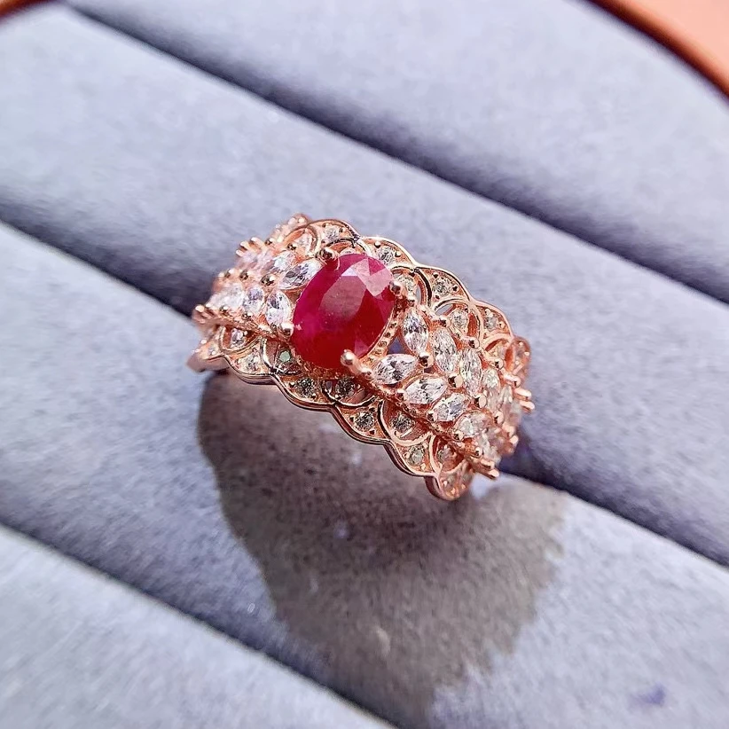 

Luxury Sterling Silver Ruby Ring for Party 5mm*7mm 0.7ct Natural Ruby Ring with Gold Plated 925 Silver Gemstone Jewelry