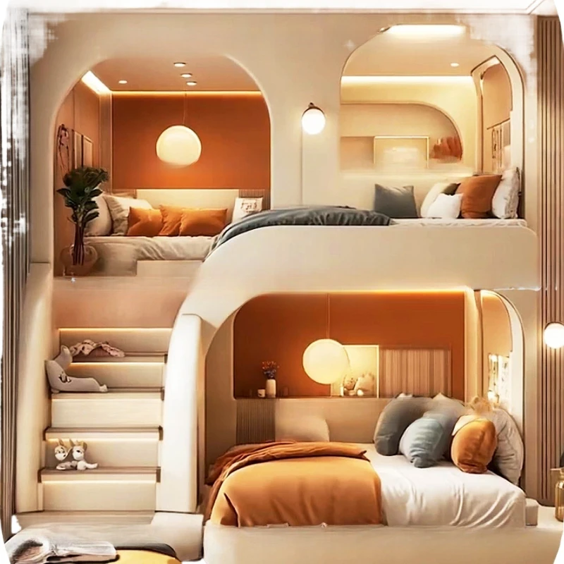 Tempat Tidur Anak Cream Wind Model Putri, Tempat Tidur Tingkat Atas dan Bawah, Tempat Tidur Double untuk Orang Tua dan Anak