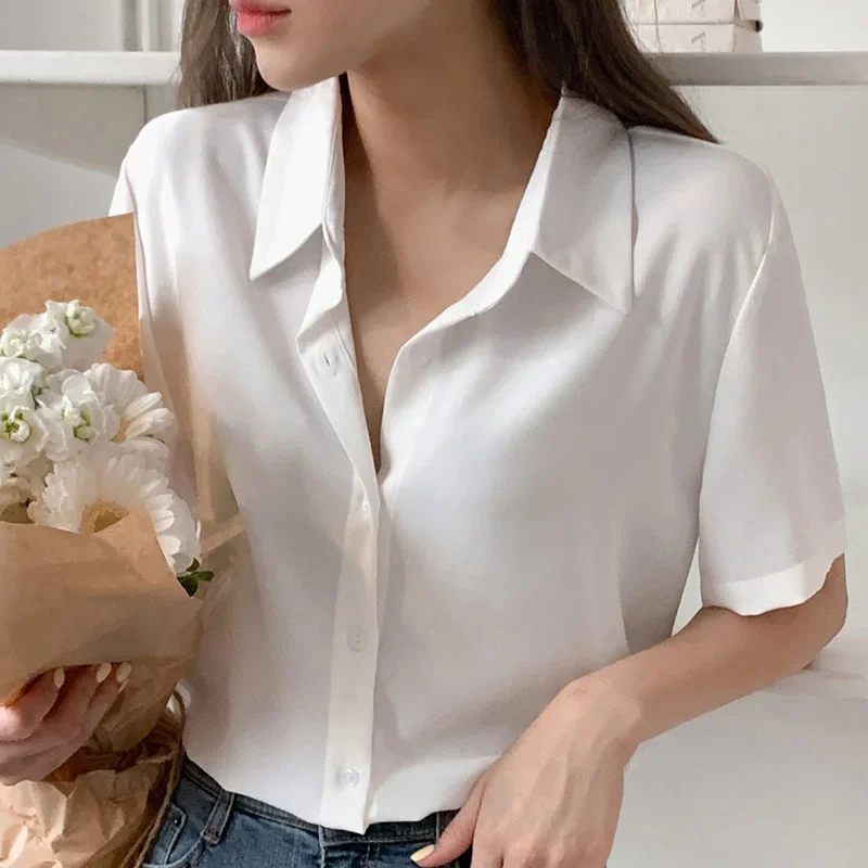 Women\'S New Korean Chiffon Fashion Cardigan Top Female Summer Loose Thin Trend Slim Versatile Short Sleeve Lapel Neck Shirt