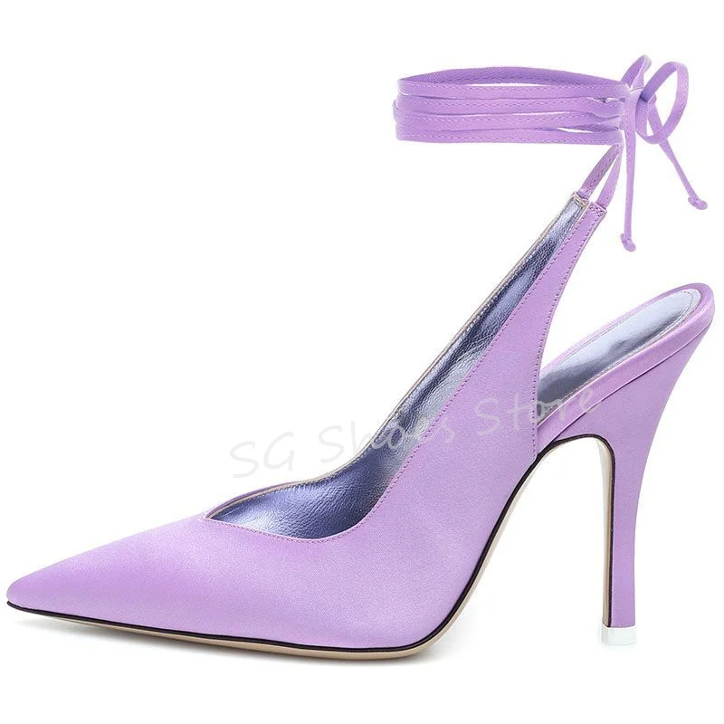 

Luxury Silk Candy Color Ankle Cross Strap Women Hight Heels Shoes Pointed Toe Thin Heel Slingback Pumps Ladies Shallow Sandals