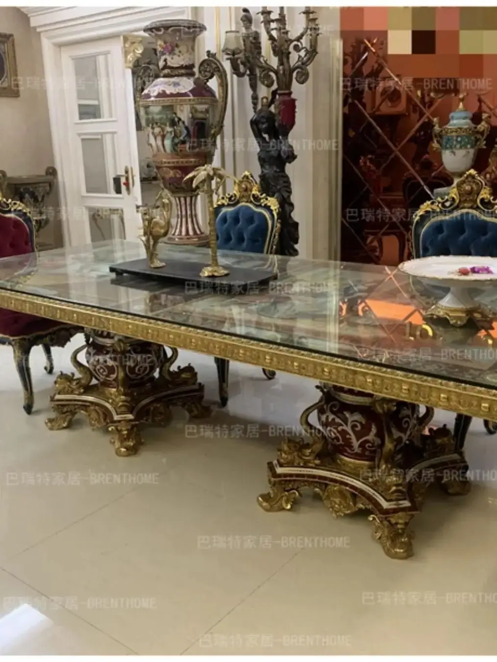 Restaurant furniture European carving metal all-copper ceramic painting 2.8 meters long dining table red ceramic villa mansion