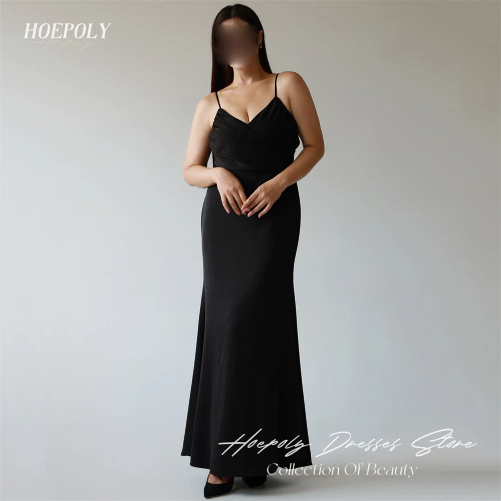 Hoepoly Black Elegant Sweetheart Spaghetti Strap Mermaid Long Evening Dress Ankle Length Backless Classy Prom Gown 프롬드레스