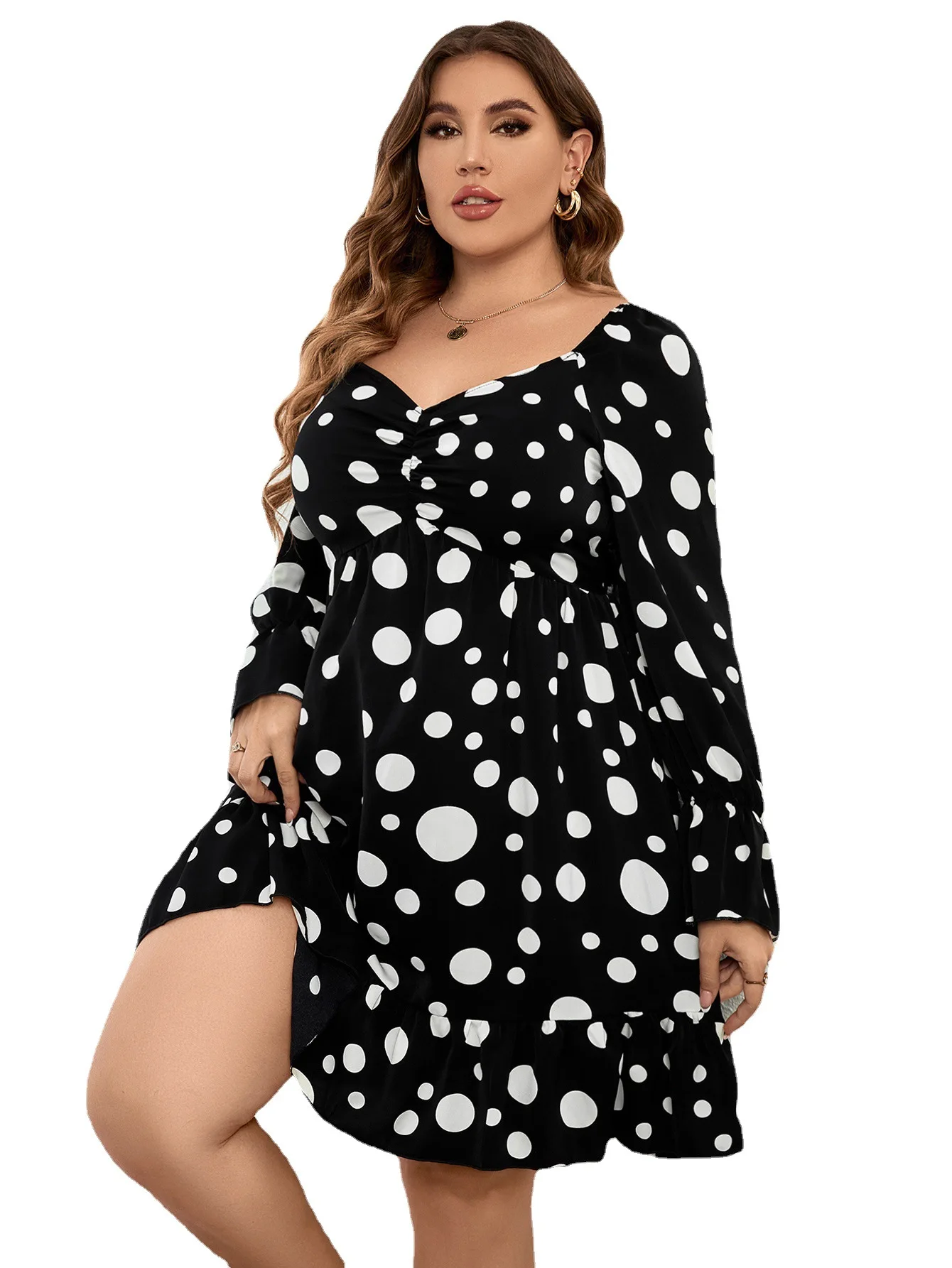 Plus Size Black Dress Long Sleeve Dot Knee Long Dress V Neck for Women Oversized Loose Plus Size Lady Clothing