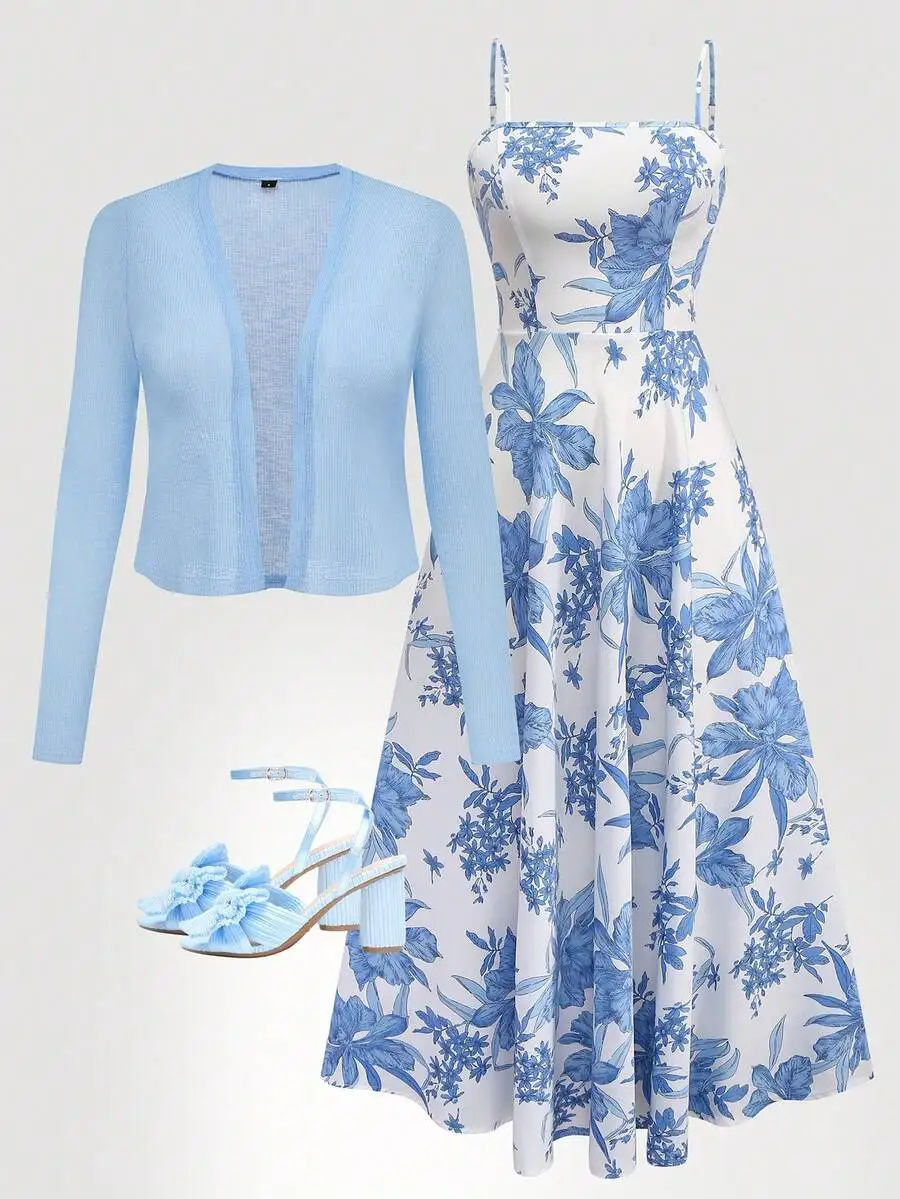 

Синее платье А-силуэта без рукавов с цветочным принтом и легкий вязаный кардиган в комплекте