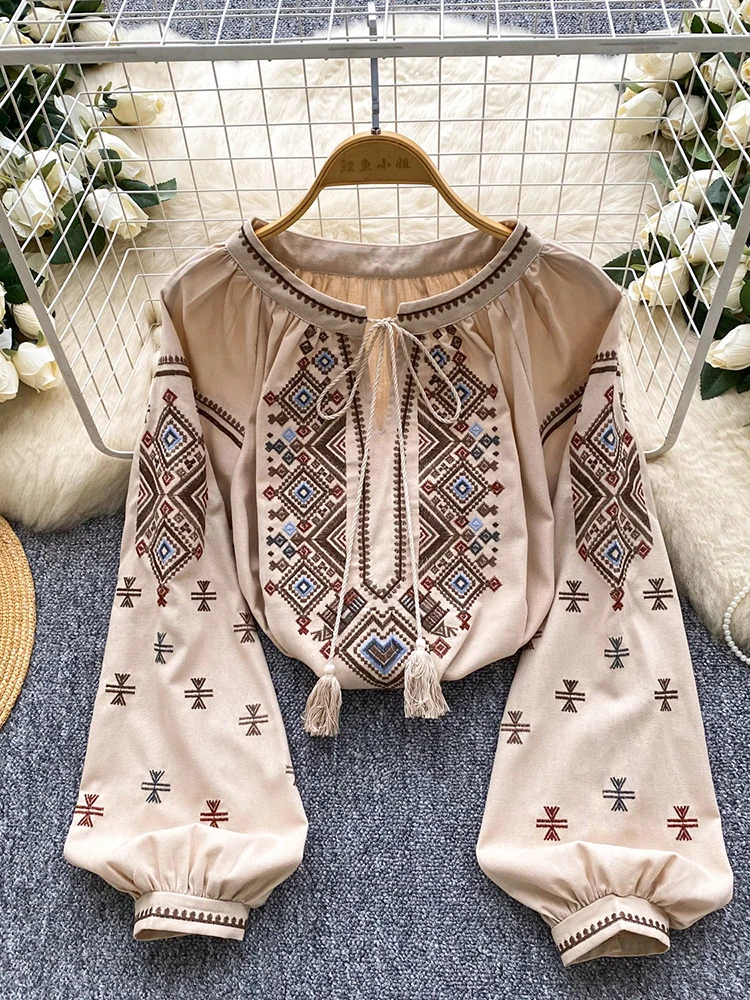 المرأة الخريف بلوزة فضفاضة الفنية الرجعية الصناعة الثقيلة التطريز القوس س الرقبة فانوس كم قميص بلوزة غير رسمية متعددة الاستخدامات BL270 #1