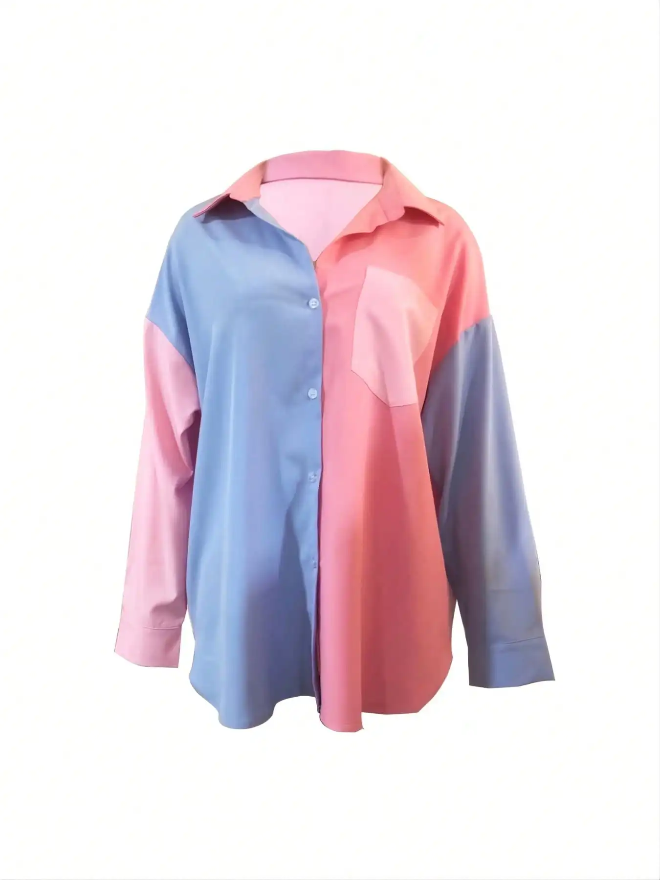 2025 Newest Women's Color-Block Long Sleeve Button-Down Roll-Neck Boyfriend Shirt