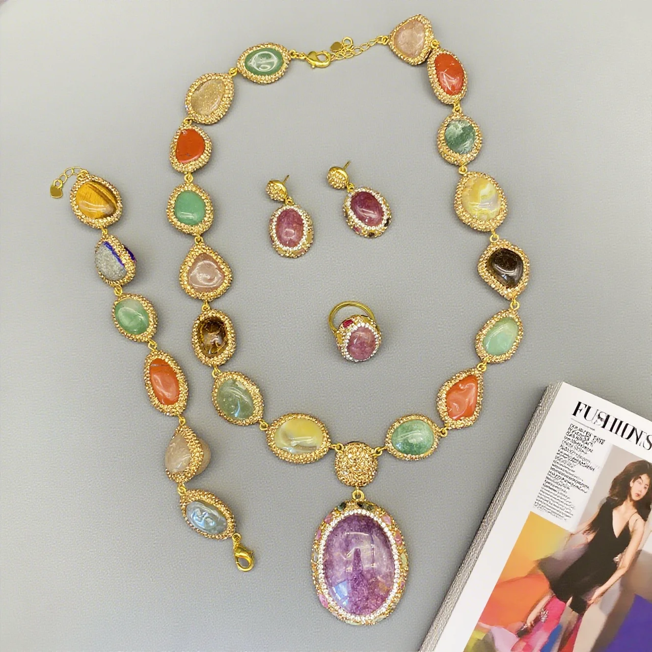 

Colorful Multi Crystal Stone Jewelry Sets Natural Amethyst Tiger's Eyes Quartz Inlaid Rhinestone Beaded Necklace Earring