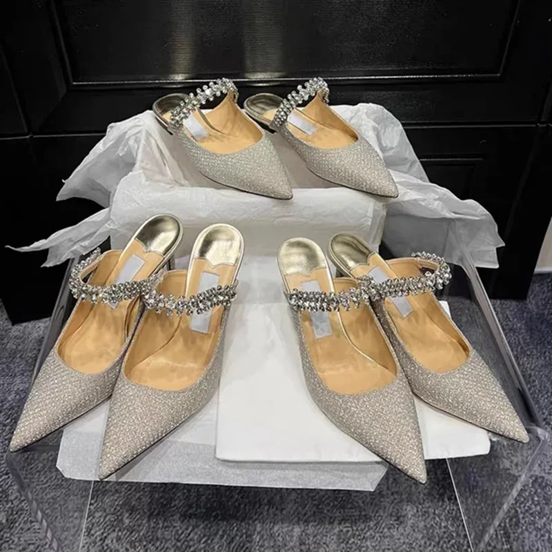 

Women's flat sandals 2025 summer new casual and comfortable pointed rhinestone chain shallow high heels women's Mueller shoes