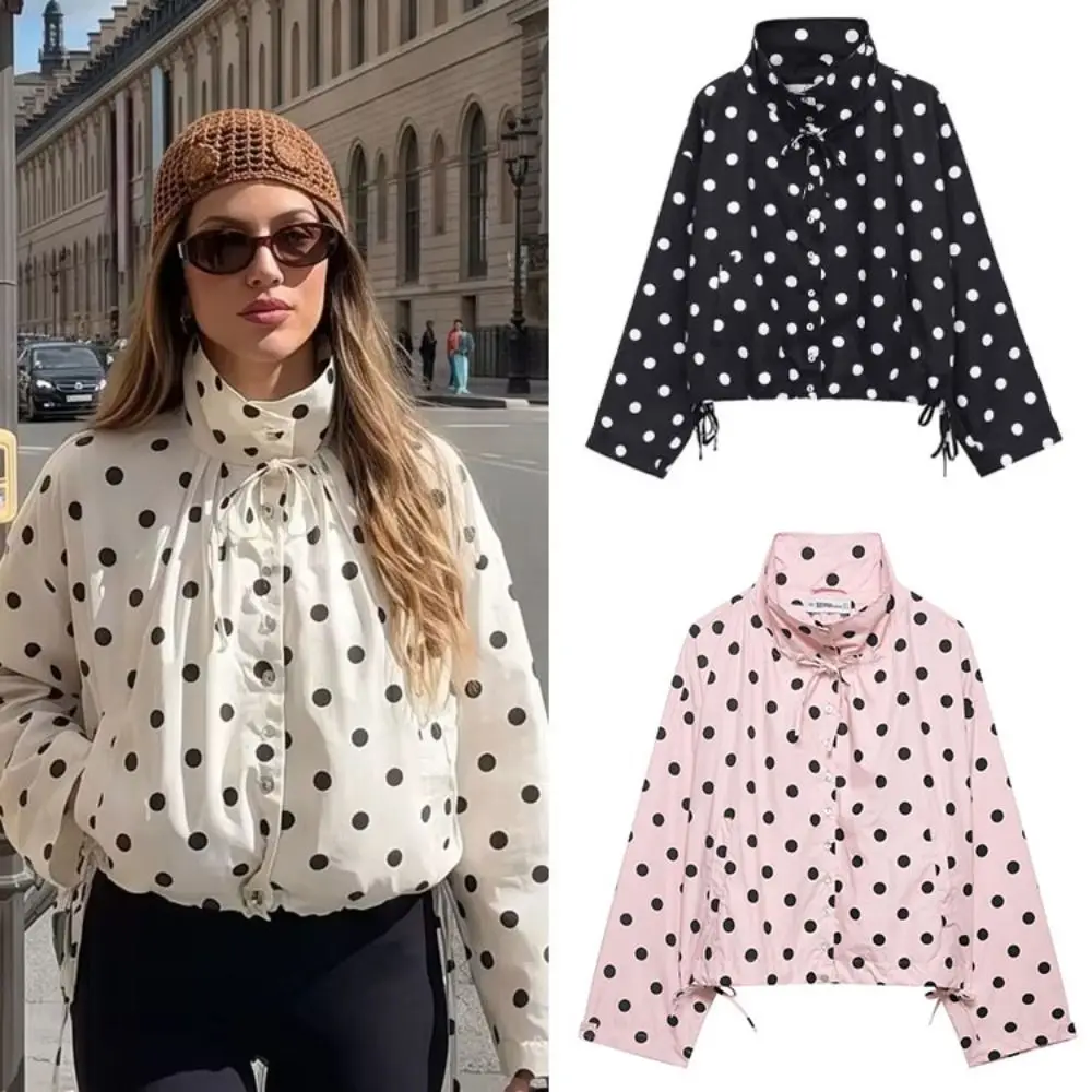 

Drawstring Women's Polka Dot Jacket Single Breasted Long Sleeve Lace Up Coat Oversized Casual High Collar Jacket