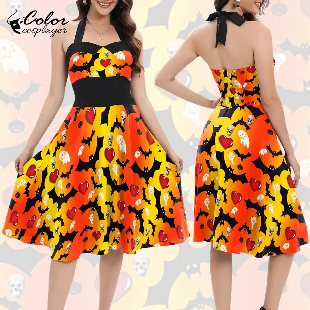 

Color Cosplayer Orange Halloween Dress Witch Cosplay Costume Pumpkin Bat Pattern Dress Party Carnival Outfit Fancy Wizard Dress