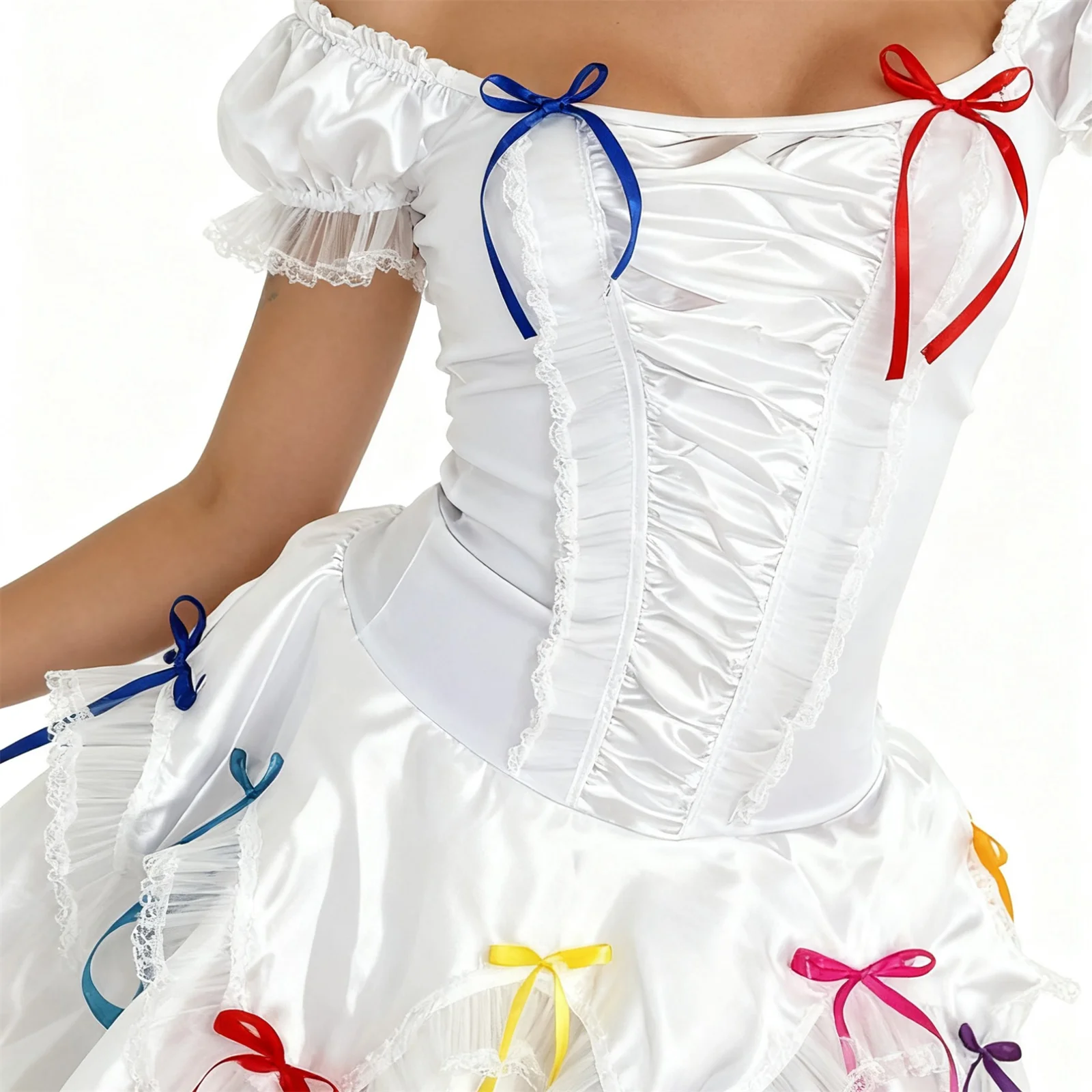 فستان نسائي بدون أكتاف لعيد الميلاد بأكمام قصيرة مزين بكشكشة مع أقواس ملونة للحفلات التنكرية في النادي