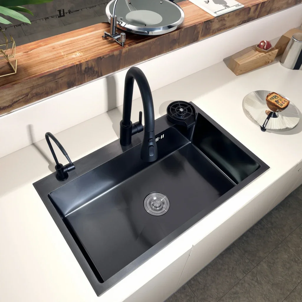 

Handcrafted Nano Single Bowl Deep Splash-proof Three-hole Stainless Steel Kitchen Sink with Faucet