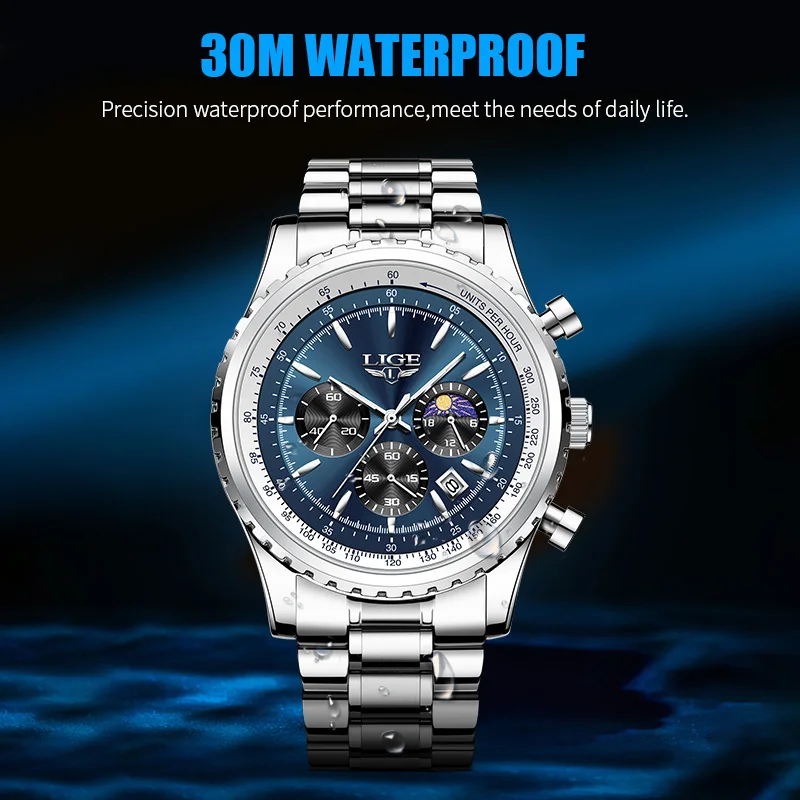 LIGE Fashion Men Watch Casual Sports Waterproof Moon Phase Watch Men Top Brand Luxury Auto Date Quartz Chronograph Montre Homme