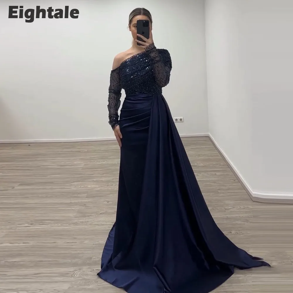 Eightale Navy Blue Evening Dress Mermaid Prom Gown Satin One Shoulder Sequined Long Sleeves Customized Wedding Party Dress