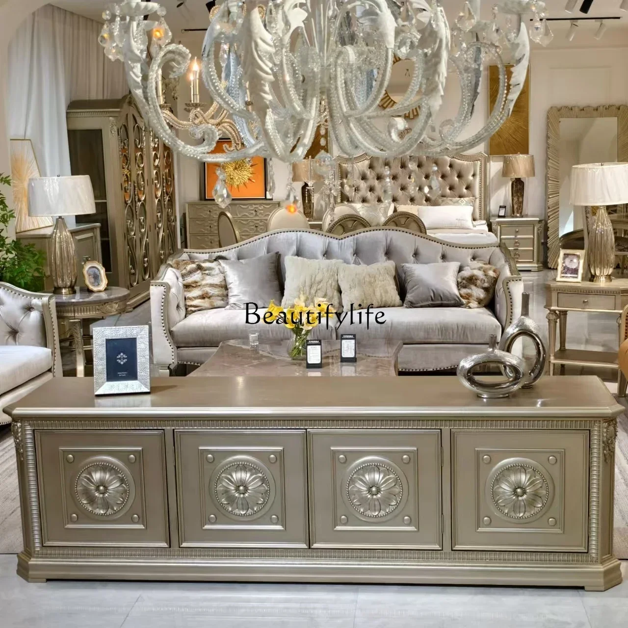 

American retro TV cabinet coffee table combination light luxury solid wood carving flower floor cabinetlx