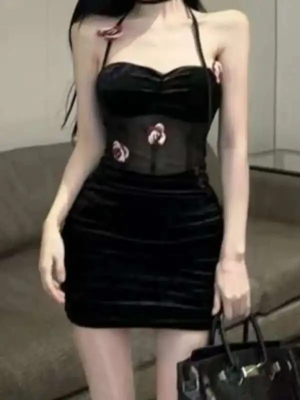 Sexy Mode Neue Eng Anliegende Liebsten 3D Blume Design Samt Kleid Elegante Mesh Spitze Sheer Süße Tank Mini Kleid Tops U0PD