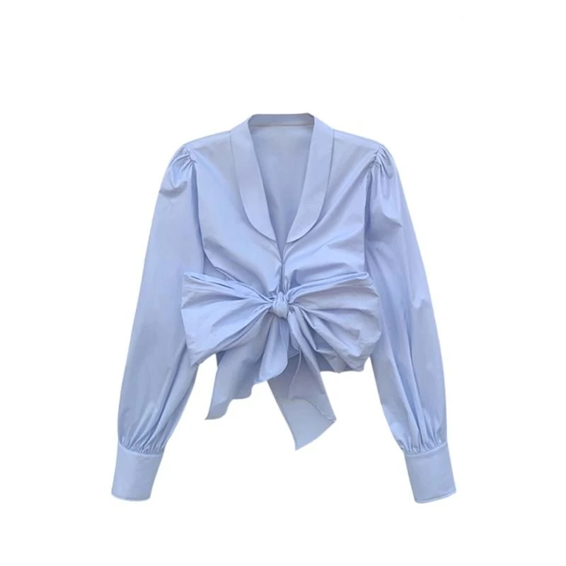 Spring Autumn New Short Bow Patchwork Korean Shirt Tops Long Sleeve V Neck Solid Lacing Elegant Blouse Fashion Y2K Women Clothes