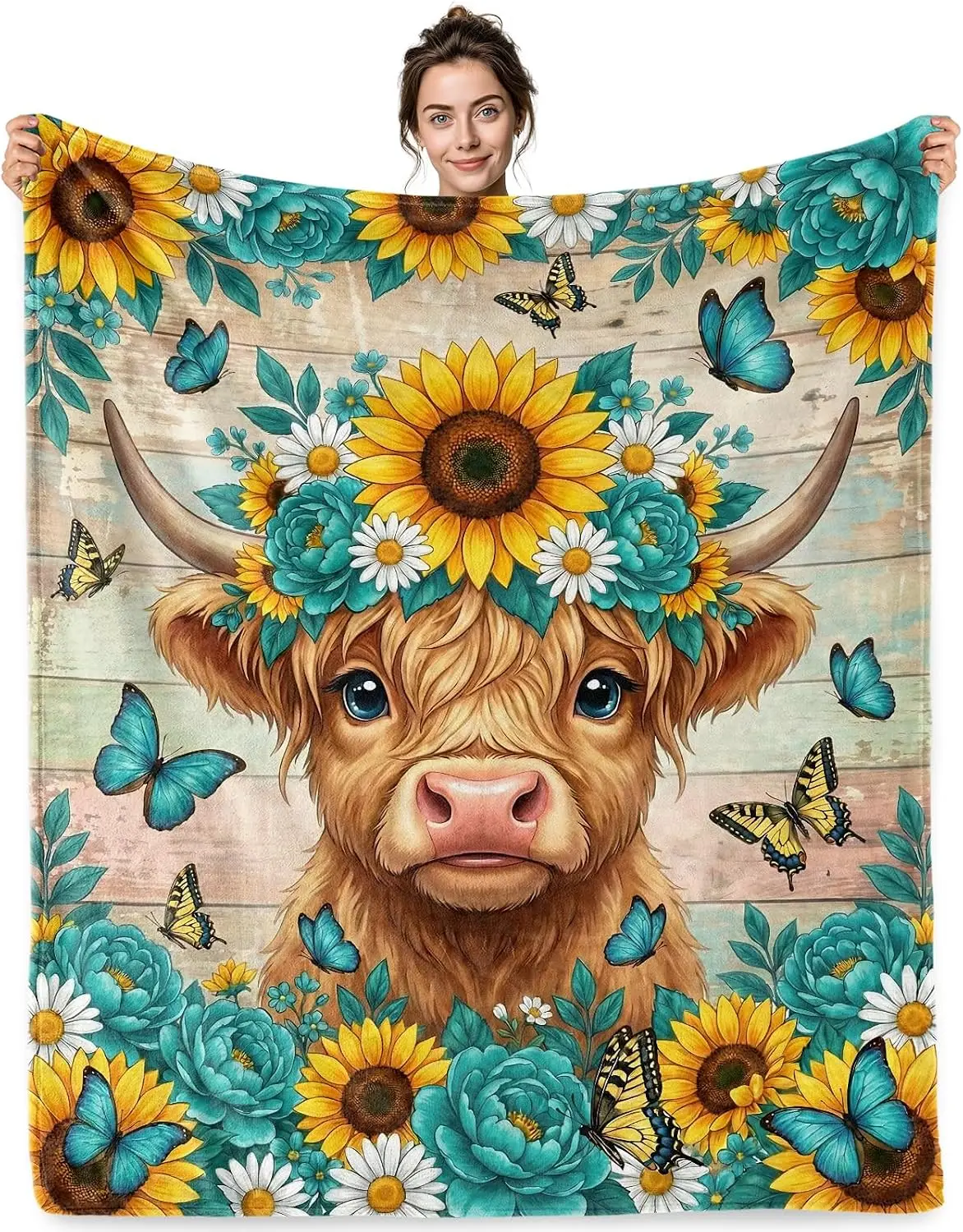 Cute Cow Face Sunflower Floral Pattern Fleece Throw Blanket Cozy Couch Decor Rustic Aesthetic Wall Art Keepsake Gift