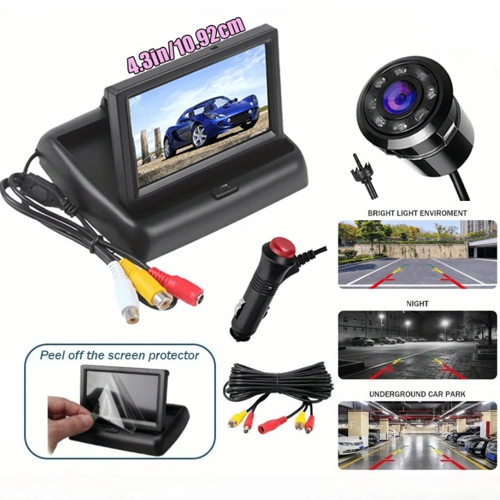 4.3-Inch Foldable Monitor HD Night Vision Wide-Angle Reversing Camera System Kit, Plug And Play,  for easy to Install view 4