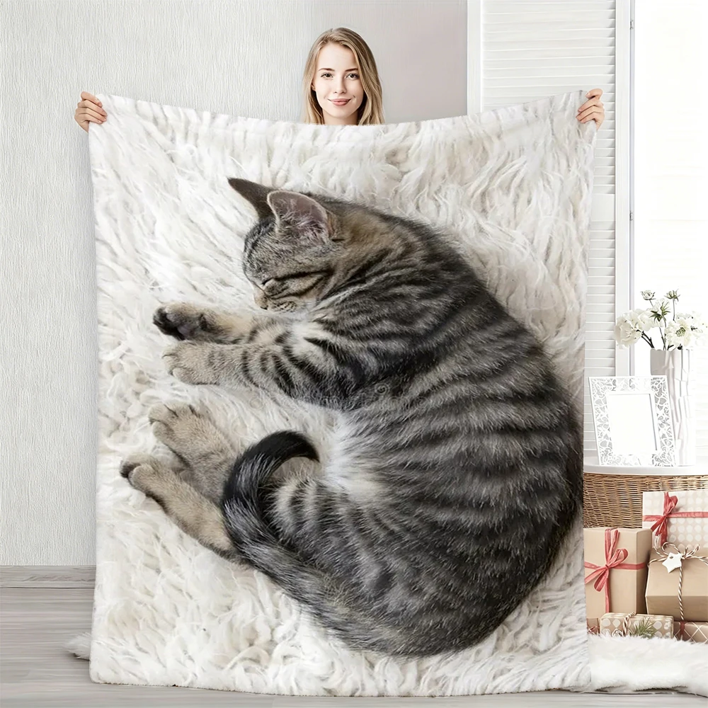 Sleeping Cat Print Flannel Blanket Cute and Healing Design Unisex, Suitable for Office Naps Sofa Lounging Car Warmth All Seasons