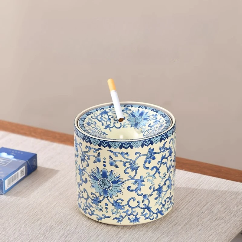 Blue and White Ru Kiln Wrapped Lotus Ashtray with Cover Fly Ash Proof Ashtray Ceramic Tea Residue Jar Tea Ceremony Accessories