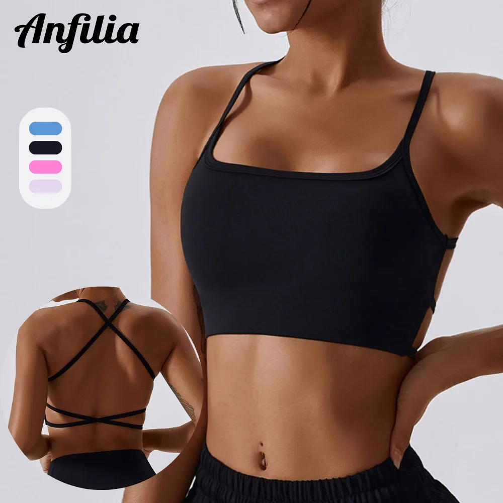 

Anfilia Women Sport Bra Solid Support Padded Spaghetti Strap Cross Back Sexy Running Yoga Gym Tops