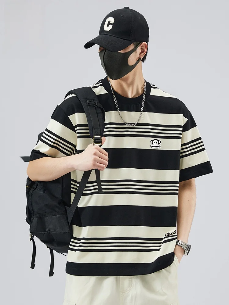 

Летняя легкая футболка Paul Frank с коротким рукавом и круглым вырезом, в американском спортивном стиле, в полоску, мужская, свободного кроя, молодежная, модная, из хлопка.