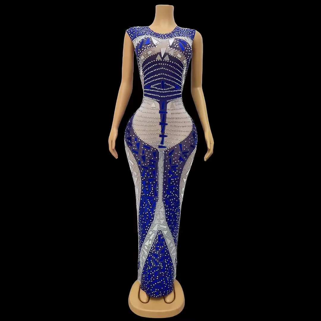 Mode-Design Blau Spiegel Strass DressMesh Stretch Geburtstag Party Outfit WomenSänger Leistung Sexy Kostüm maitianC132