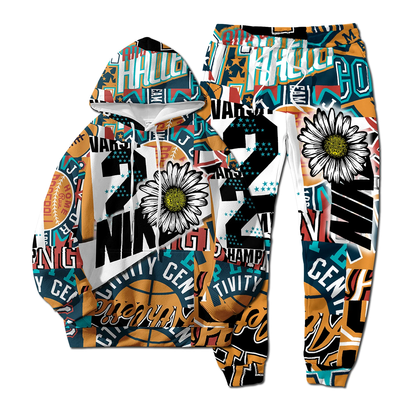 

European Style New NK Letter Hip-hop 3D Digital Printing Fashion Casual Sports Youth Men and Women Hoodie Long Pants 2-Piece Set