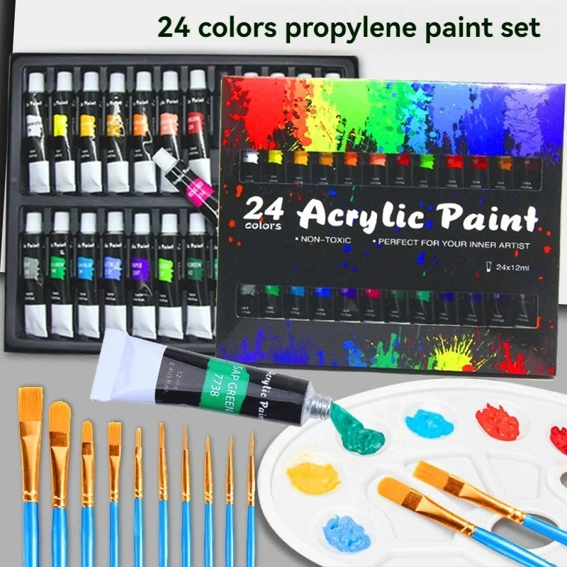 مجموعة دهانات أكريليك مكونة من 24 لونًا مجموعة فرش احترافية 12 مللي أنابيب رسم فنان صبغ مرسومة يدويًا طلاء جدران DIY