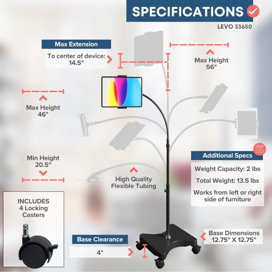 حامل أرضية للهاتف اللوحي قابل للتعديل من LEVO مع عجلات قفل قاعدة الساعة الرملية متعددة المحاور قسط المتداول معقوفة Sta