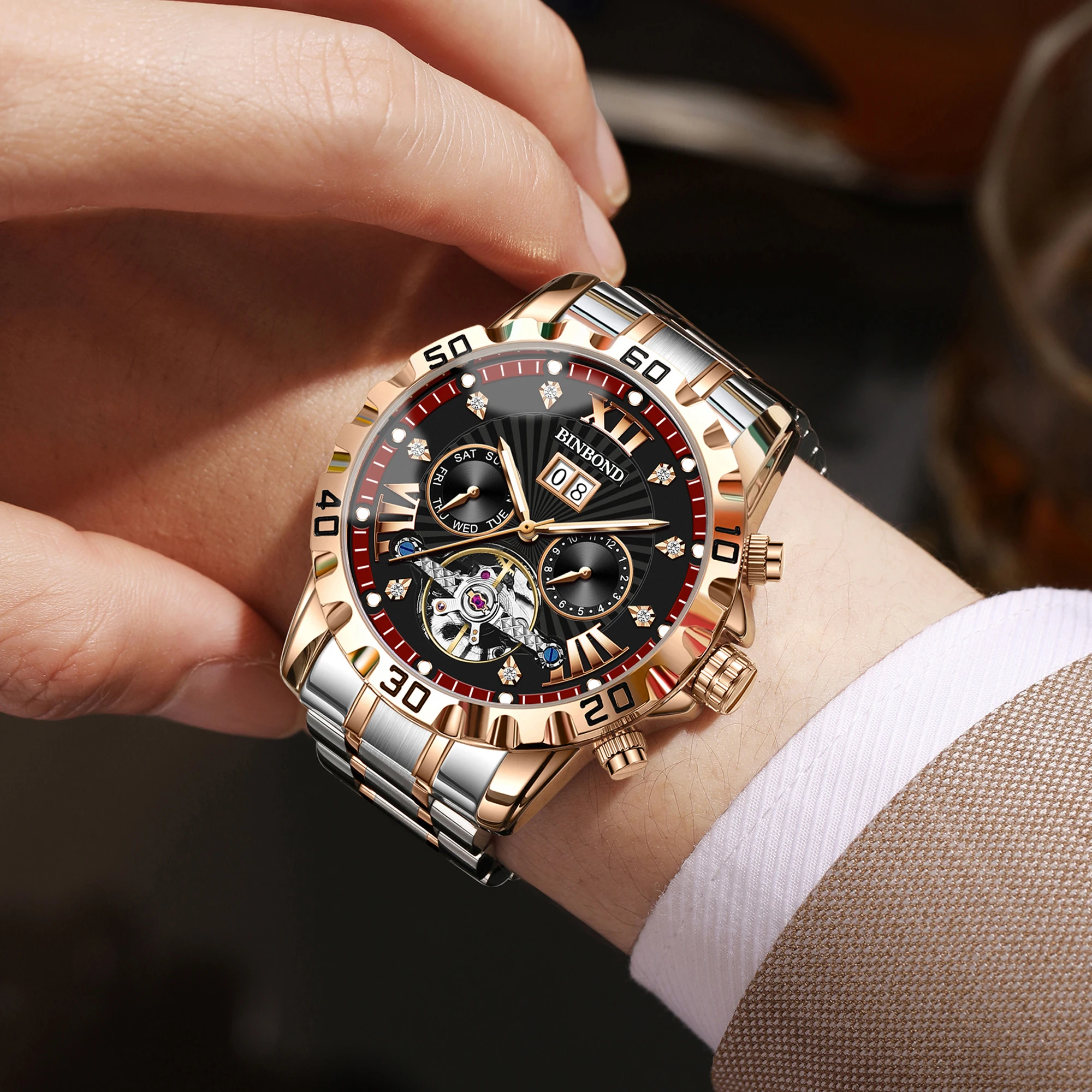 BINBOND Orginal Luminous Waterproof Men's Watch Auto Date Reloj Automatic Tourbillon Mechanical Wristwatches For Men Luxury view 4